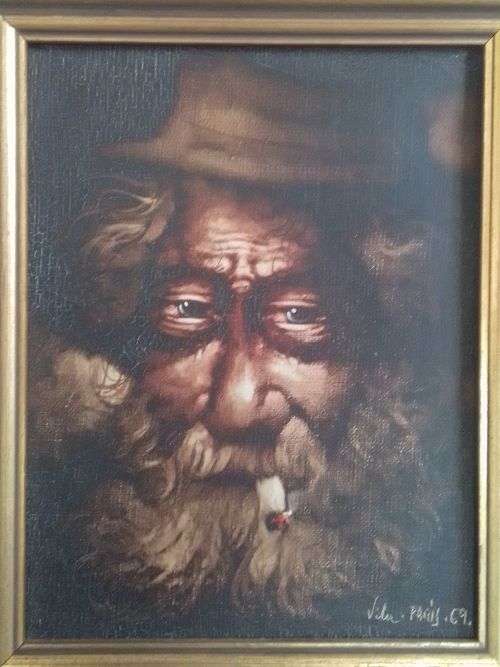 Amazing Vila Paris oil on canvas of man smoking a cig 180 x 140mm dated `69