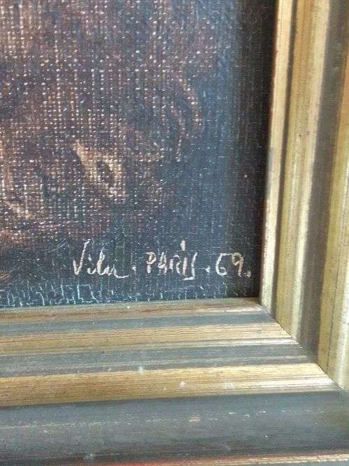 Amazing Vila Paris oil on canvas of man smoking a cig 180 x 140mm dated `69