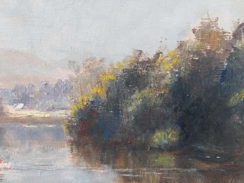 Wow!! Eric Wale boat on a river oil on board 600 x 450mm value R9500