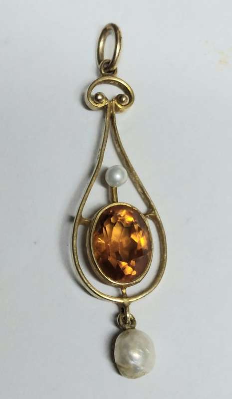 Exquisite!! Edwardian 14ct gold golden citrine & pearl pendant circa 1910   1,2g wow!!