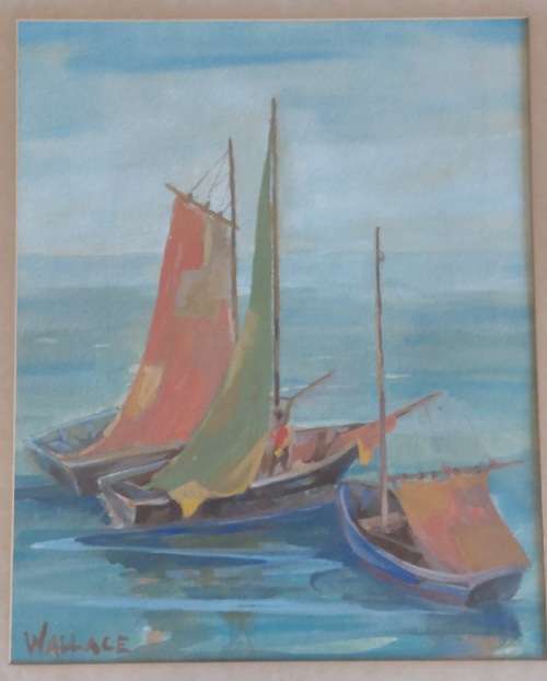 Amazing!! Marjorie Wallace watercolour gouache on card of sailboats 260 x 210mm Value R7500