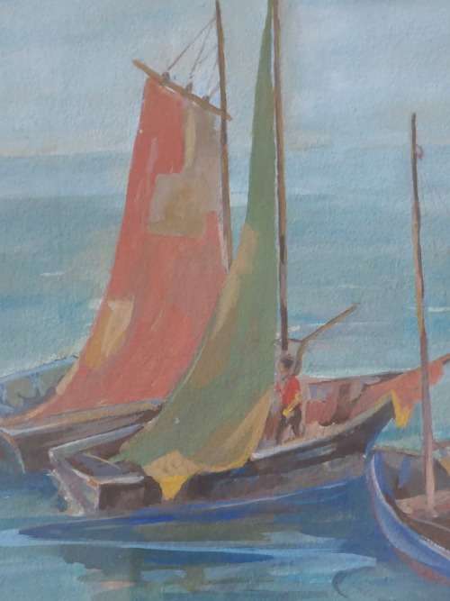 Amazing!! Marjorie Wallace watercolour gouache on card of sailboats 260 x 210mm Value R7500