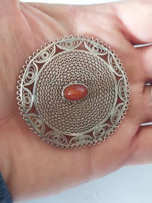 Large antique hallmarked Egyptian sterling silver filigree carnelion brooch 15,0g stunning!!