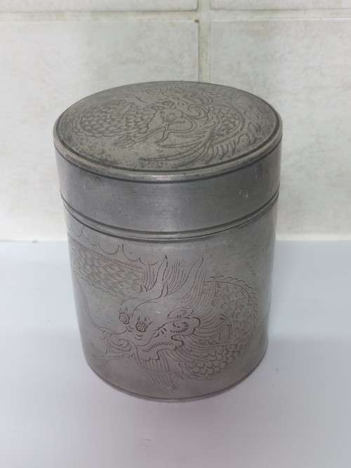 19th century Chinese dragon pewter tea caddy circa 1890`s Value R1500