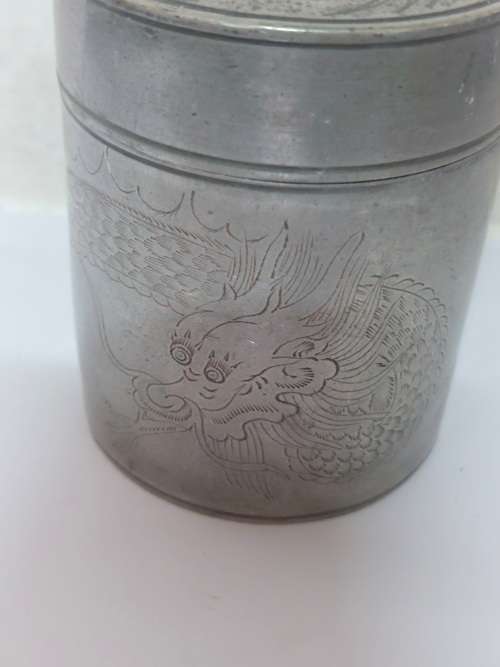 19th century Chinese dragon pewter tea caddy circa 1890`s Value R1500