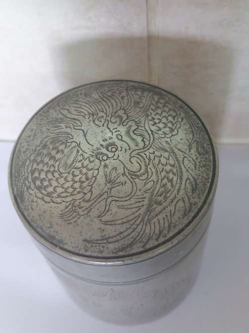 19th century Chinese dragon pewter tea caddy circa 1890`s Value R1500