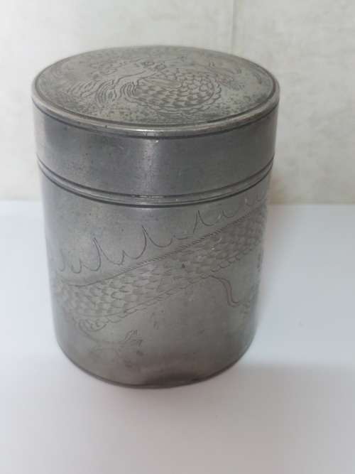 19th century Chinese dragon pewter tea caddy circa 1890`s Value R1500