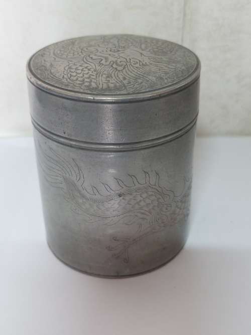 19th century Chinese dragon pewter tea caddy circa 1890`s Value R1500