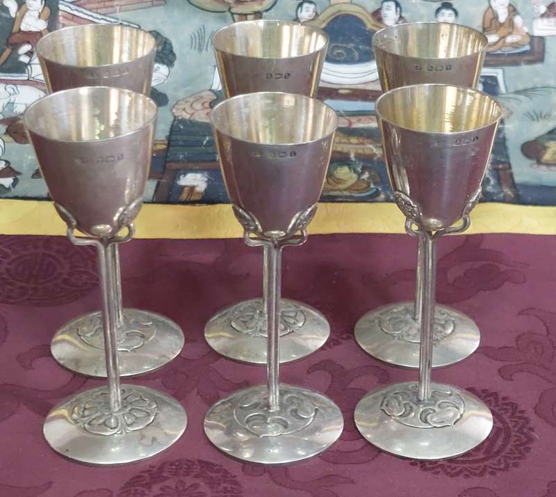 James Fenton Art Nouveau 1913 Birmingham silver liquer glass set
