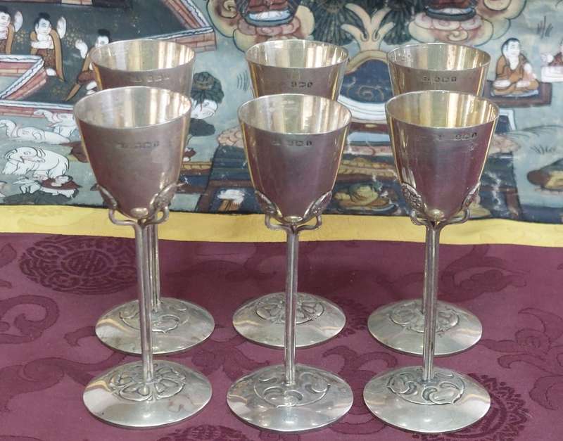 James Fenton Art Nouveau 1913 Birmingham silver liquer glass set
