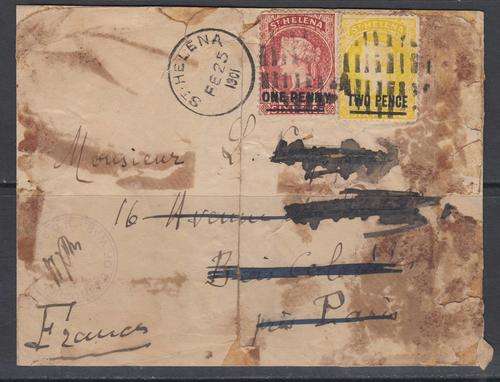 B150814 DEAD WOOD CAMP St Helena Boer War cover 1901 SG 21-2 to France censorded twice cat 65 Pounds