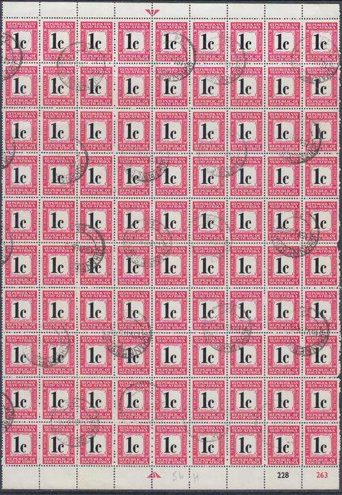 B151013 SWISS Afrikaans Top South Africa 1967 Postage Due block x 90 R900 for stamps alone