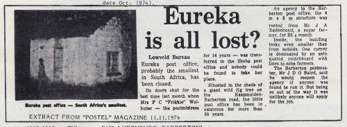 B170522 SMALLEST POST OFFICE in Transvaal 1909 EURIKA see details RR
