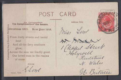 B190701 CHRISTMAS GREETINGS KGV stamp = Pietermaritzburg Natal 1915 card