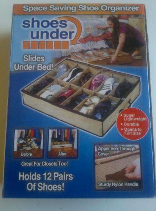 SHOES UNDER, Space saving shoe organizer! Holds up to 12 pairs of shoes and fits under the bed.