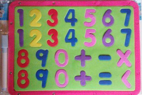 Two-sided.  Bibi Bear Drawing Board with Number Foam Puzzle and drawing pen.