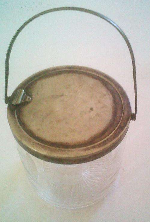 Very old glass and metal koekie jar, with automatic flip-open handle lid.