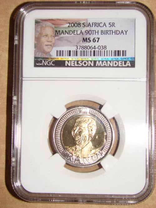 2008 90TH BIRTHDAY MANDELA R5 COIN NGC GRADED MS67***10 AVAILABLE*** Mandela Picture on Slab
