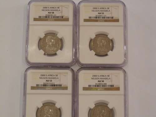 2000 SOUTH AFRICA R5 NELSON MANDELA SET 4 COINS( AU58,55,53,50) BID PER SET