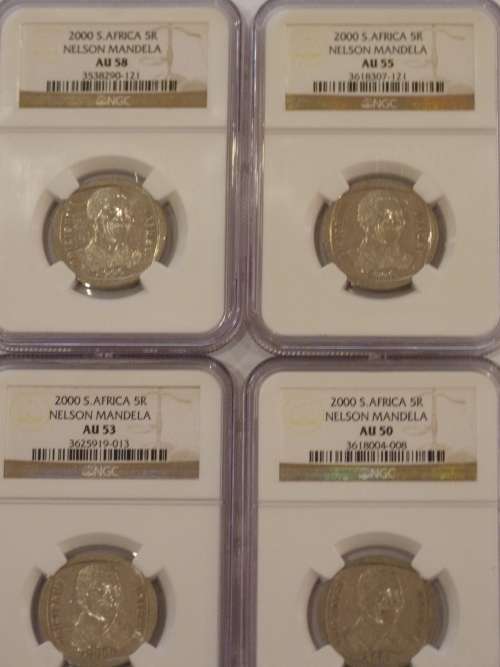 2000 SOUTH AFRICA R5 NELSON MANDELA SET 4 COINS( AU58,55,53,50) BID PER SET