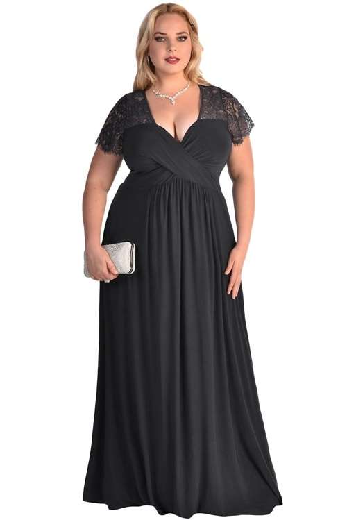 *DIVA RANGE* BLACK PLUS SIZE LACE SHORT SLEEVE EVENING DRESS