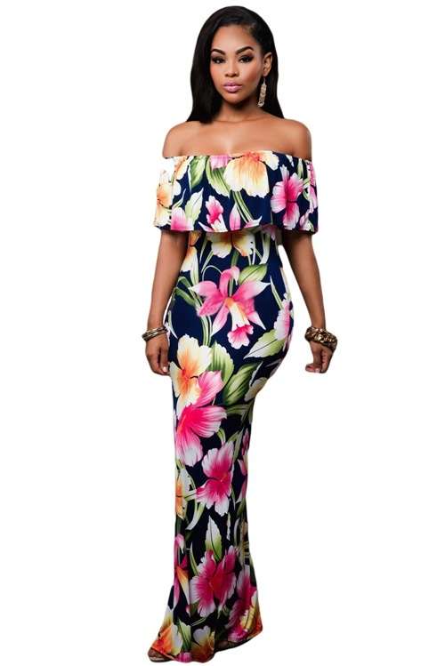 *DIVA RANGE* Navy Blue Floral Print Off-the-shoulder Maxi Dress