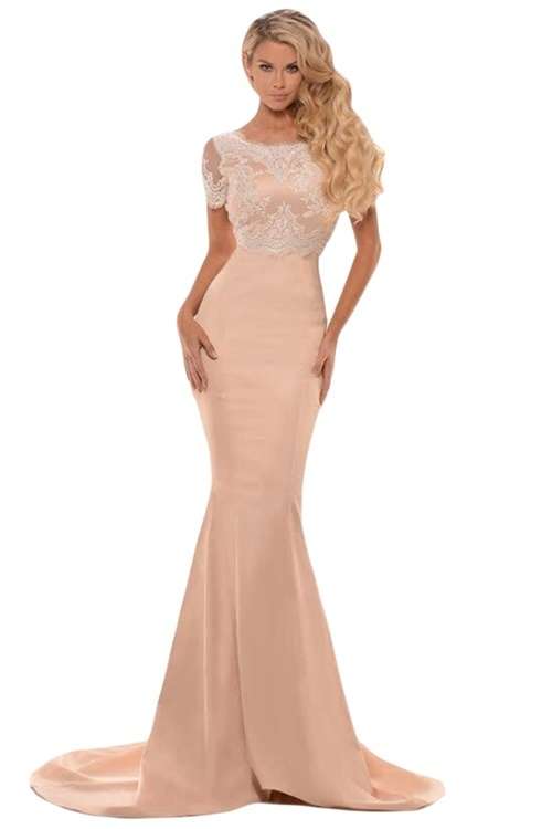 *DIVA RANGE* Eyelash Lace Embellished Champagne Satin Formal Gown