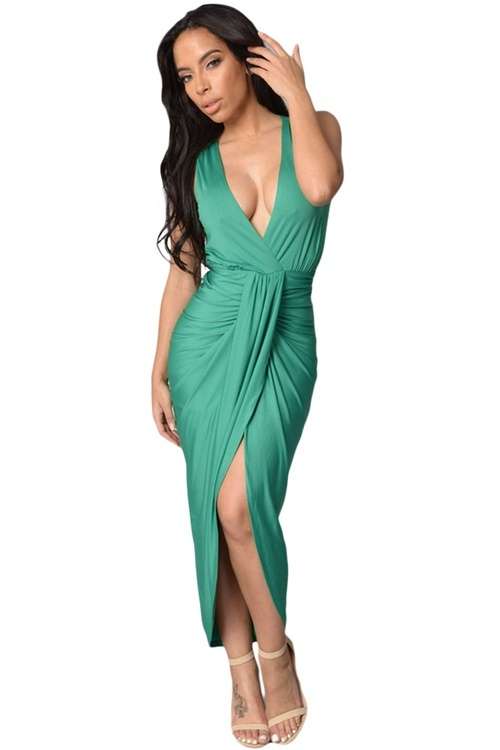 *DIVA RANGE* Green Draped Slit Front Maxi Dress