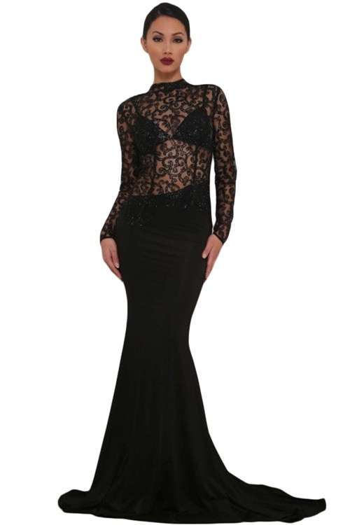 *DIVA RANGE* Black Glitter Lace Long Sleeve Maxi Evening Dress