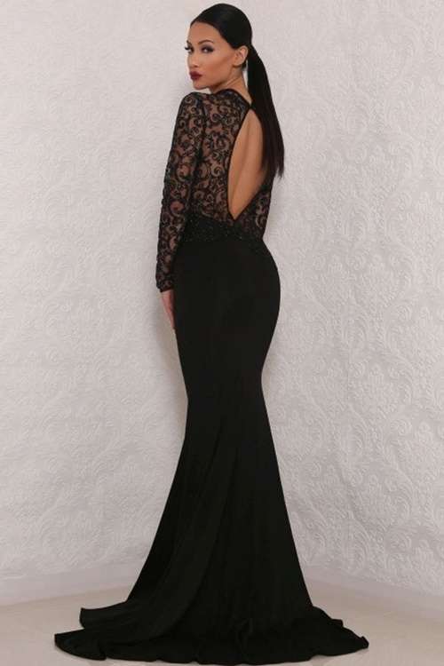*DIVA RANGE* Black Glitter Lace Long Sleeve Maxi Evening Dress