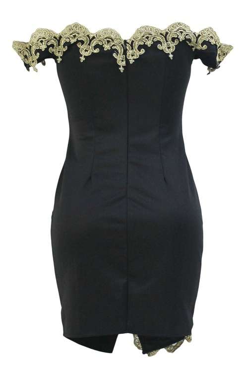 *DIVA RANGE* Gold Lace Applique Black Off Shoulder Mini Dress
