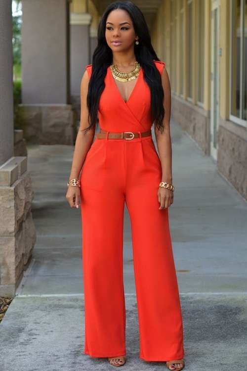 *DIVA RANGE* Orange V Neck Belt Embellished Jumpsuit