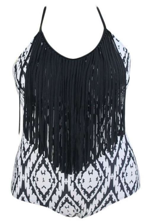 *DIVA RANGE* Monochrome Print Plus Size Fringe One-piece Swimsuit