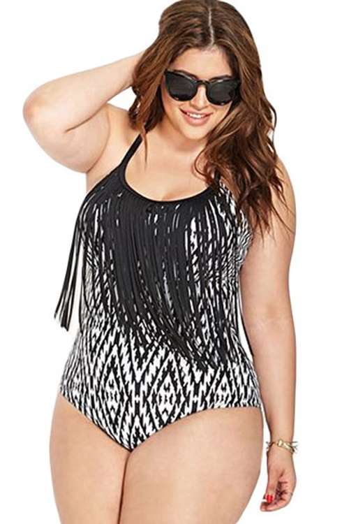 *DIVA RANGE* Monochrome Print Plus Size Fringe One-piece Swimsuit