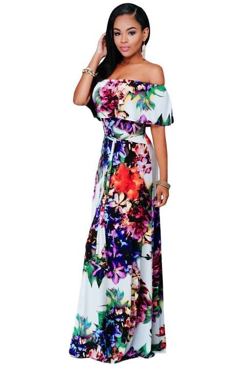 *DIVA RANGE* Multi-colour Floral Print Off-the-shoulder Maxi Dress