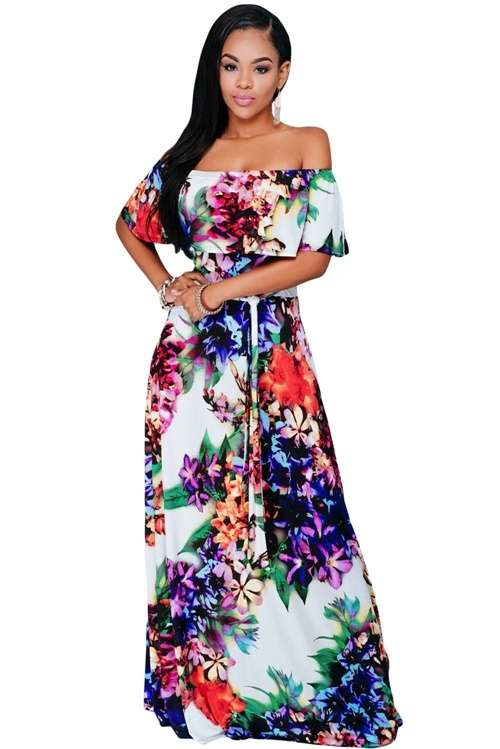 *DIVA RANGE* Multi-colour Floral Print Off-the-shoulder Maxi Dress