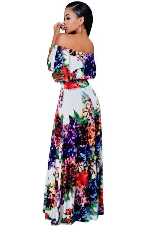 *DIVA RANGE* Multi-colour Floral Print Off-the-shoulder Maxi Dress