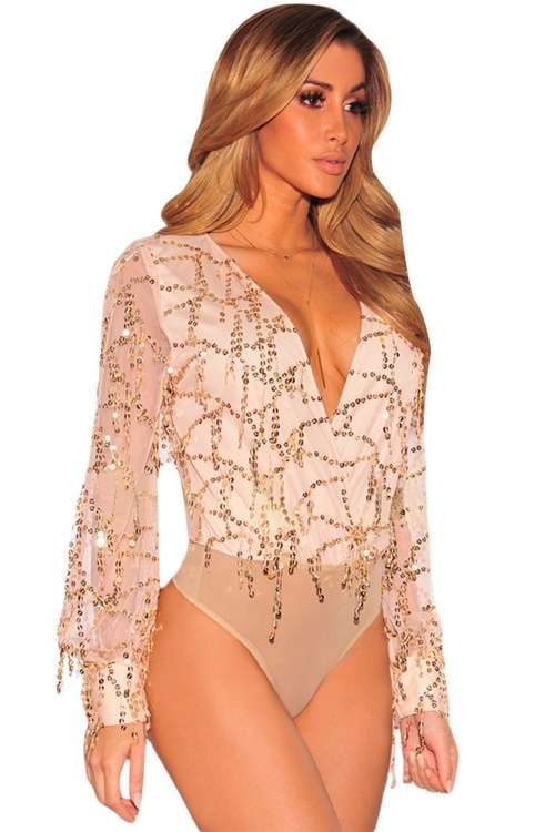 *DIVA RANGE* Apricot Flowing Sequins Long Sleeves Bodysuit