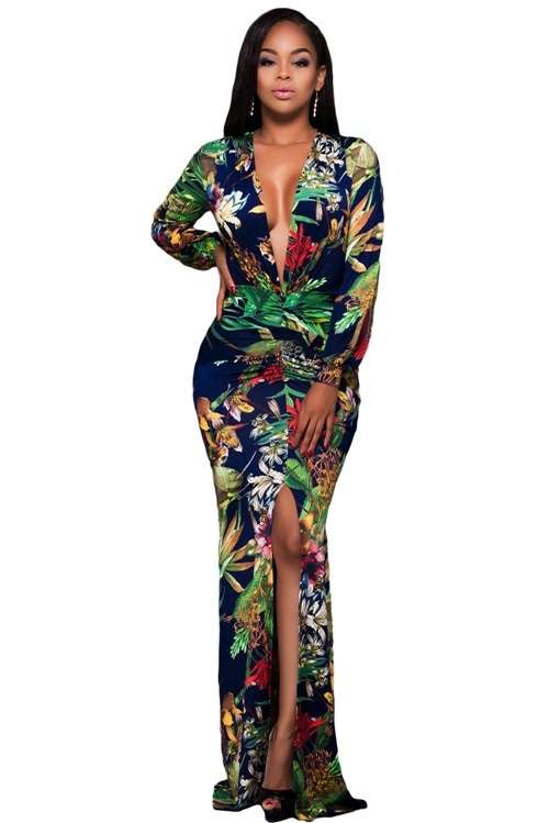 *DIVA RANGE* Sexy Plunging V Neck Floral Print Front Slit Long Sleeve Maxi Dress