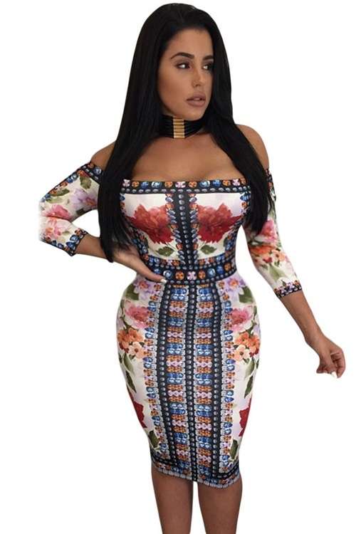 *DIVA RANGE* Diamond Floral Print Off Shoulder Midi Dress