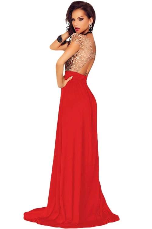 *WILD ROSE* Amazing Gold Lace Overlay Red Slit Maxi Evening Gown - S/L