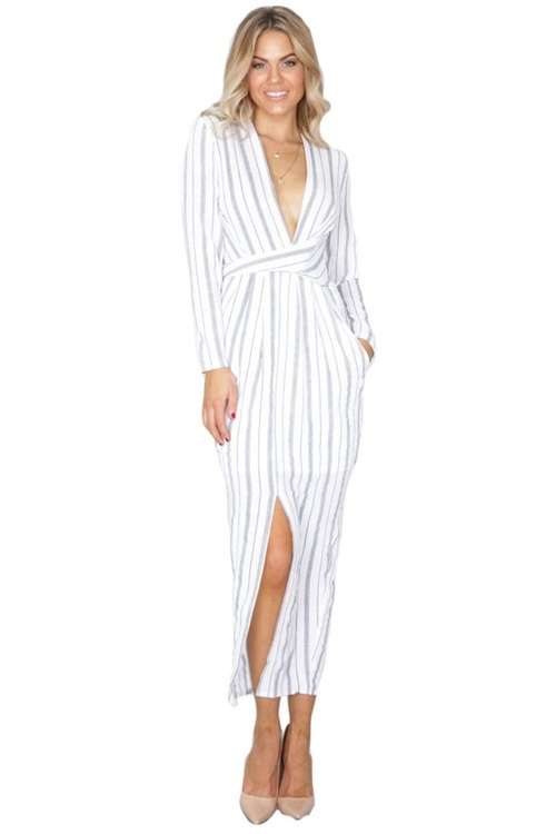 *DIVA RANGE* White Wrap Long Sleeve Striped Dress