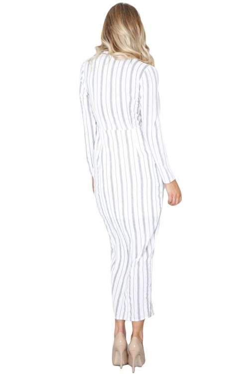 *DIVA RANGE* White Wrap Long Sleeve Striped Dress