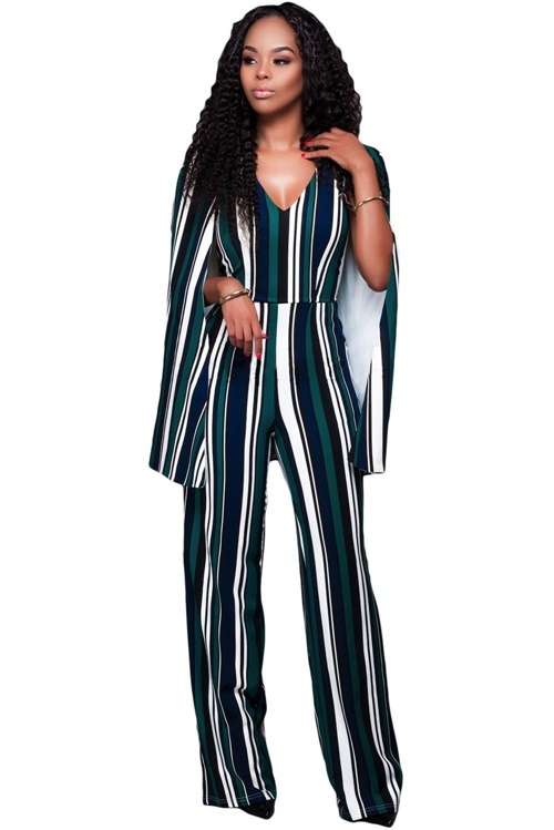 *DIVA RANGE* Green Blue Stripes Cape Jumpsuit