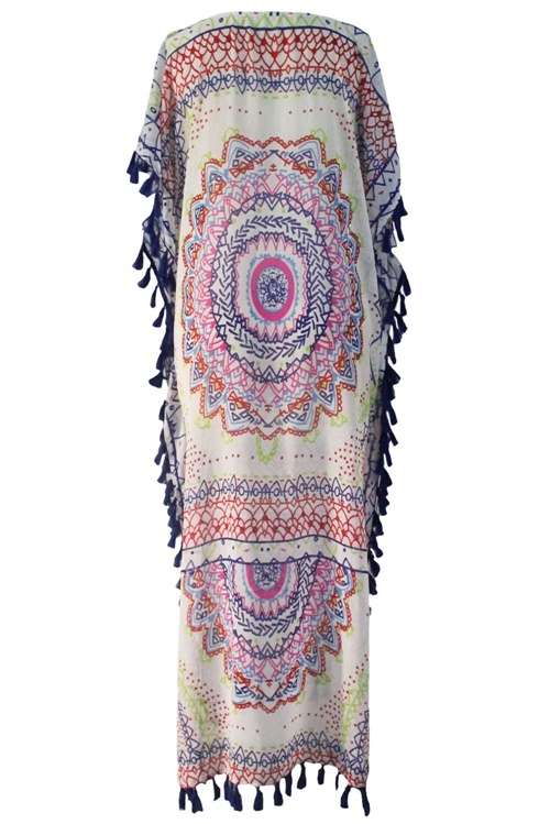 *DIVA RANGE* Blue Tassel Trim Chiffon Print Maxi Kaftan