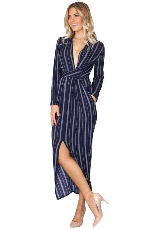 *DIVA RANGE* Navy Wrap Long Sleeve Striped Dress