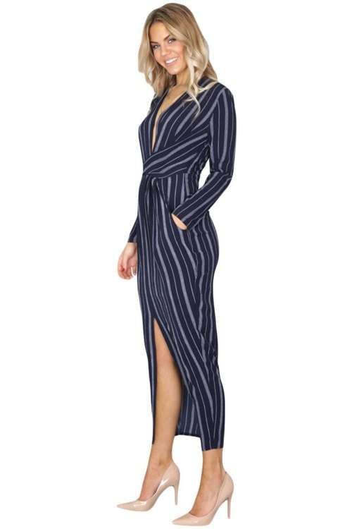 *DIVA RANGE* Navy Wrap Long Sleeve Striped Dress