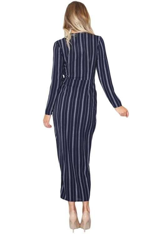 *DIVA RANGE* Navy Wrap Long Sleeve Striped Dress
