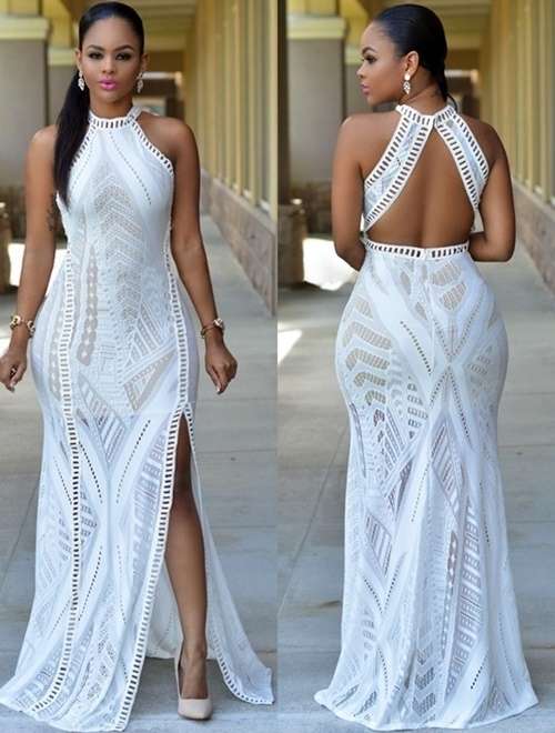 *DIVA RANGE* White Lace Nude Illusion Key-Hole Back Maxi Dress