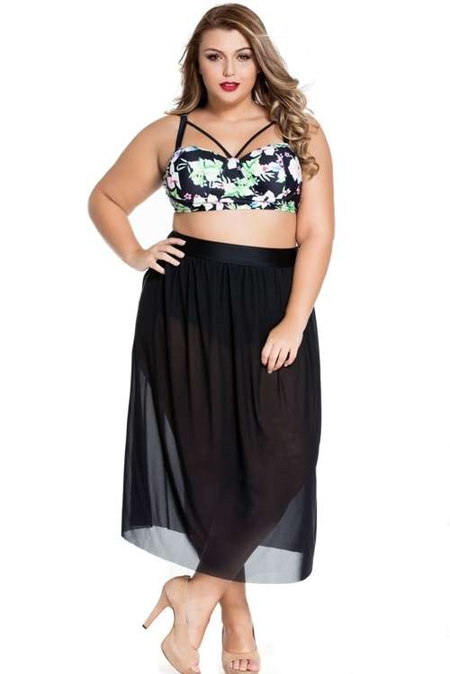 *DIVA RANGE* Plus Size Boho Tropical High Waist Bikini with Skirt